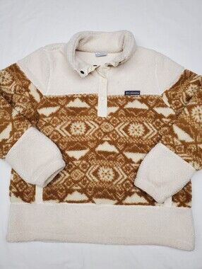 Columbia Womens L Sherpa Fleece Pullover Cream Brown Aztec Snap Neck Cozy